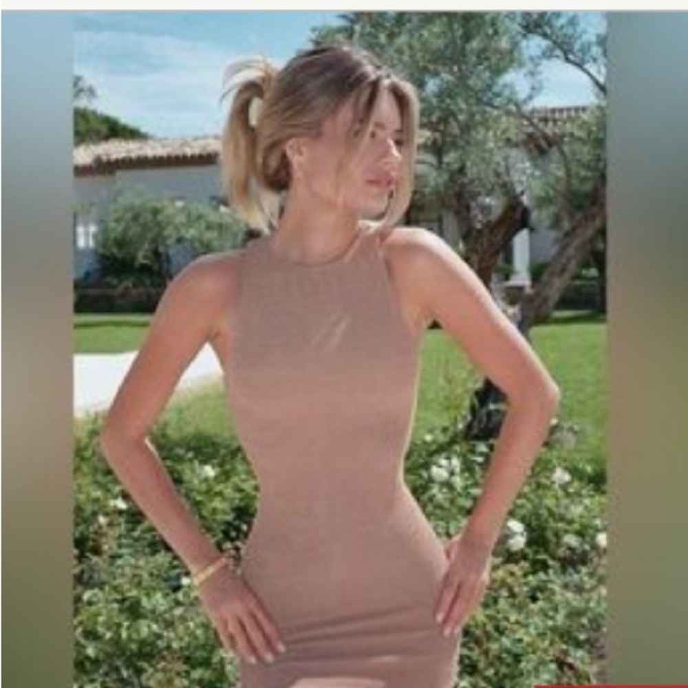 Monday Swimwear Ribbed Mini Dress in Warm Tan. Size L